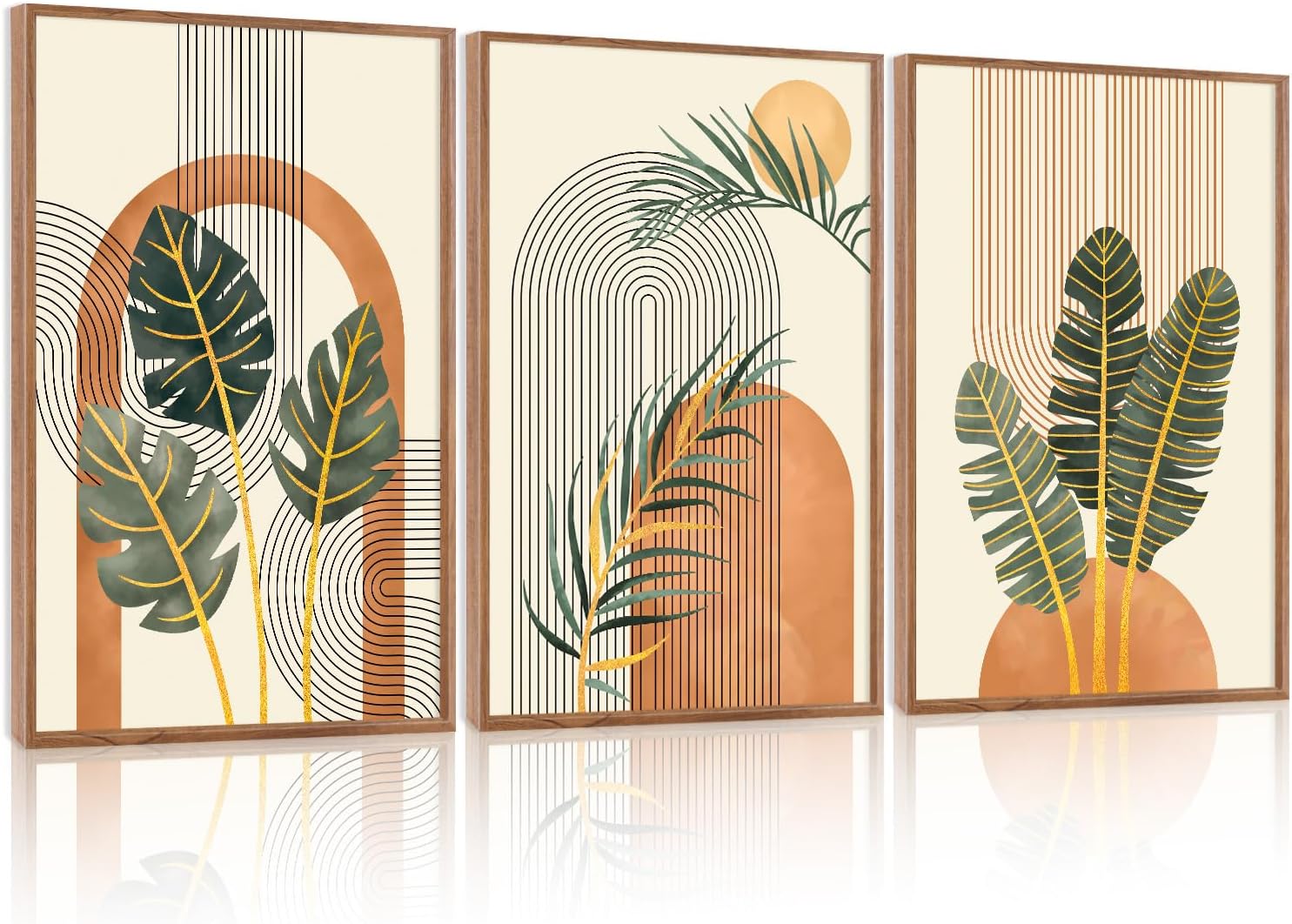 KAIRNE Boho Canvas Wall Art,Tropical Palm Leaf Wall Decor,Mid-Century Geometric Illustrations Set