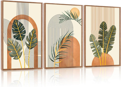 KAIRNE Boho Canvas Wall Art,Tropical Palm Leaf Wall Decor,Mid-Century Geometric Illustrations Set