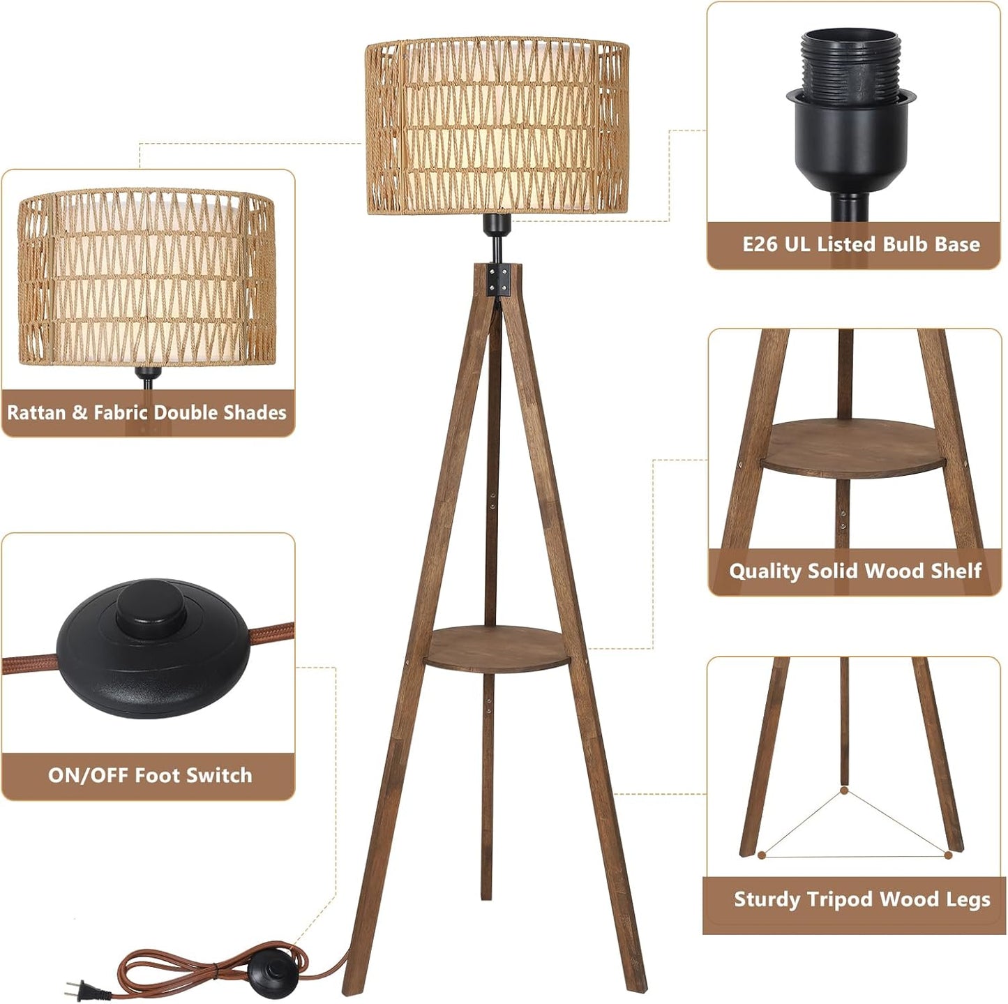Boho Tripod Floor Lamps for Living Room, Rattan Wood Floor Lamp with Fabric Shades, Mid Century