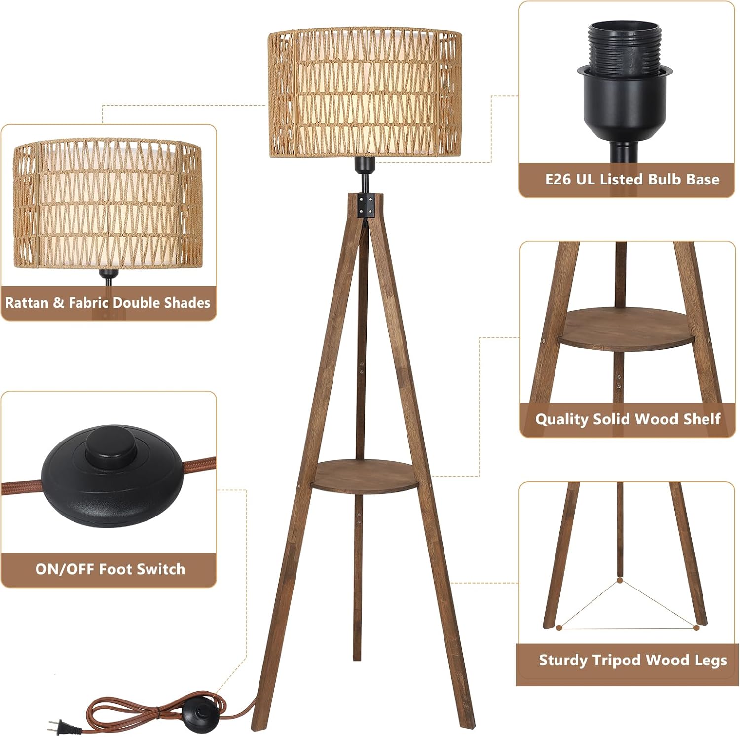 Boho Tripod Floor Lamps for Living Room, Rattan Wood Floor Lamp with Fabric Shades, Mid Century