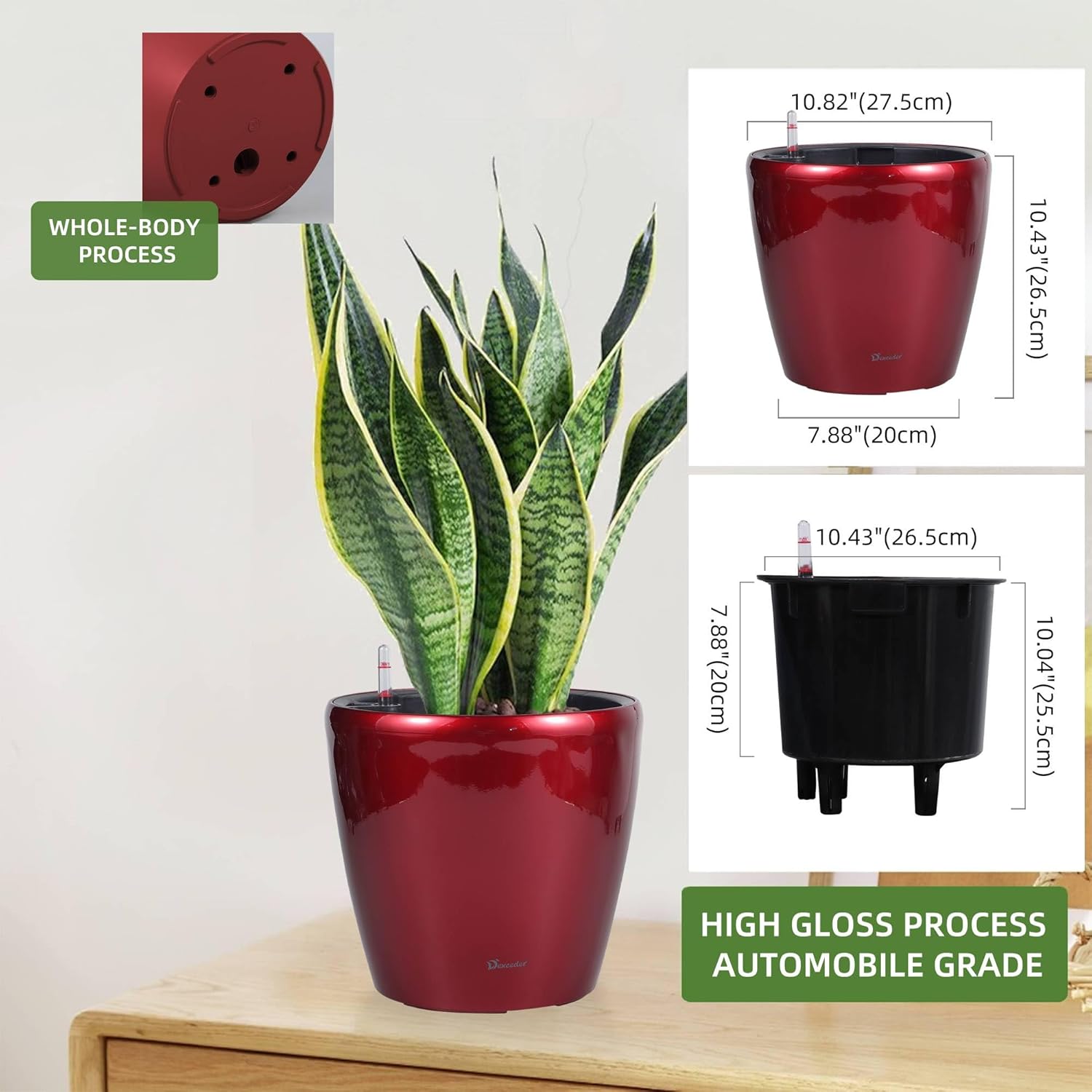 Dexceder 11x10 Inches High Gloss Self Watering Planter Indoor Outdoor, Inner Pot Design, Thickened