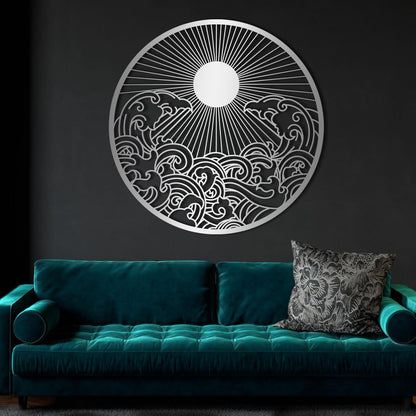flyoak Metal Sun Wall Decor Outdoor, Sunrise Metal Wall Art, Metal Wave Wall Art, Sunrise and Wave