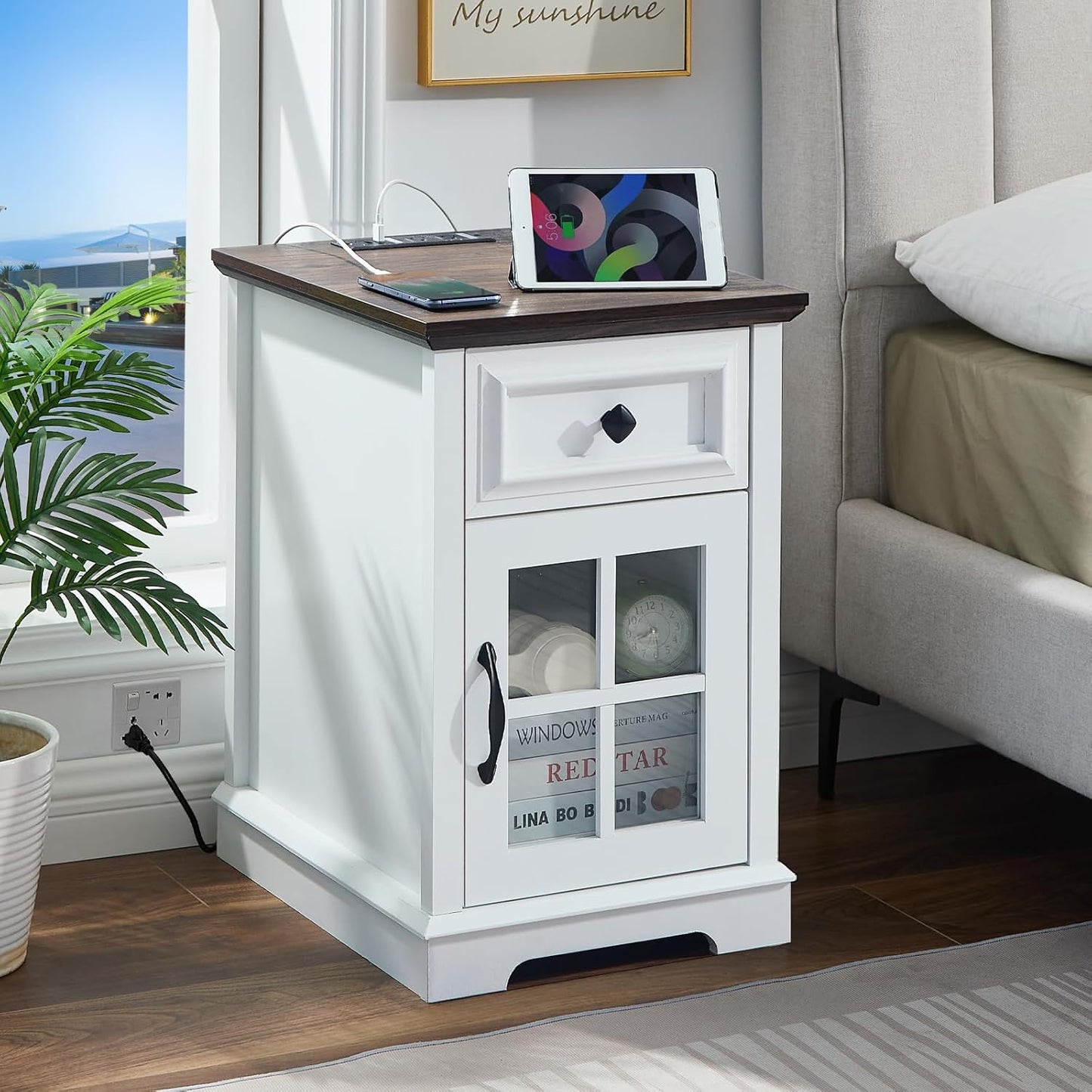 Farmhouse XXL End Table with Charging Station, Side Table with USB Ports and Outlets, Nightstand