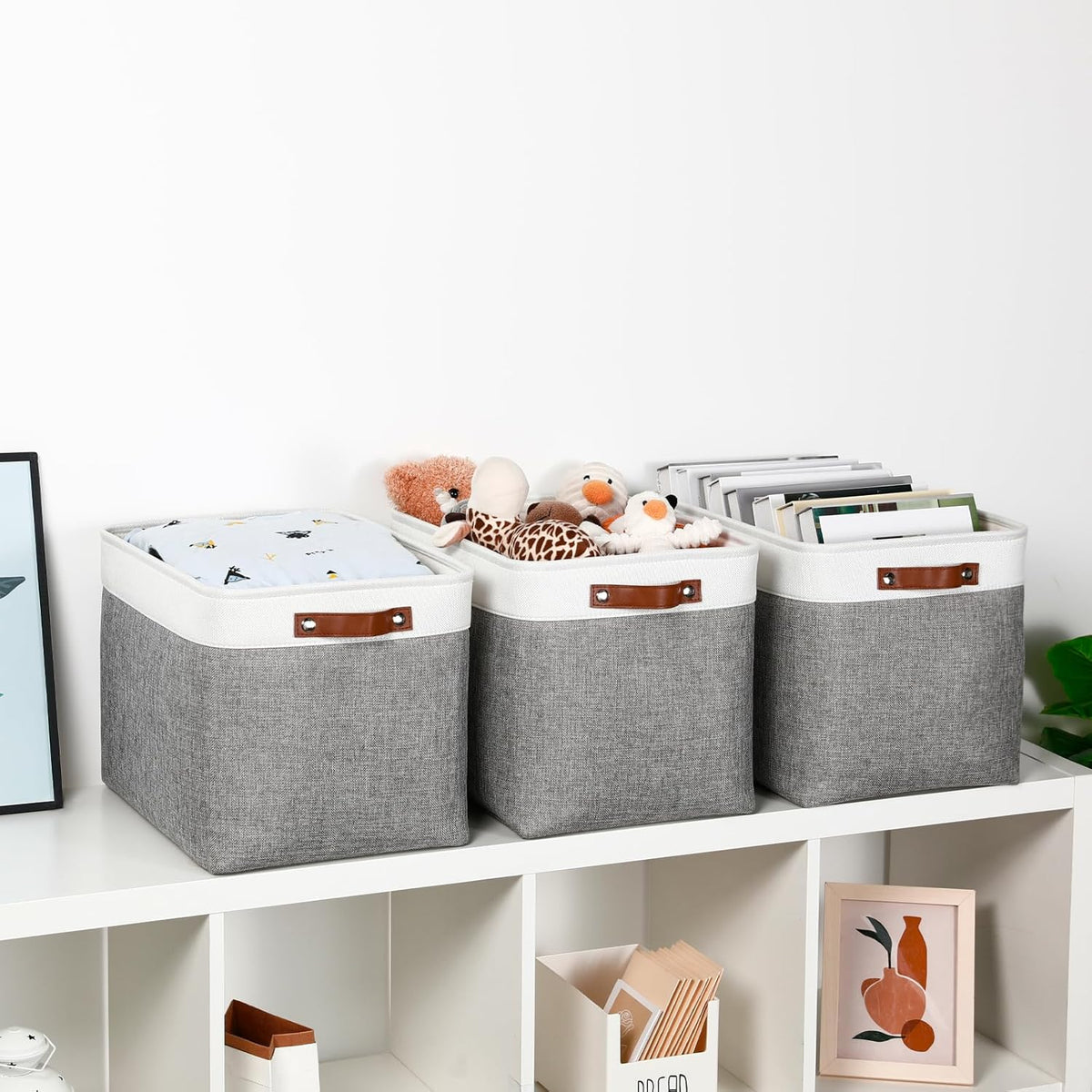 DULLEMELO Large Storage Baskets, Fabric Storage Basket with Leather Handles for Shelves Closet