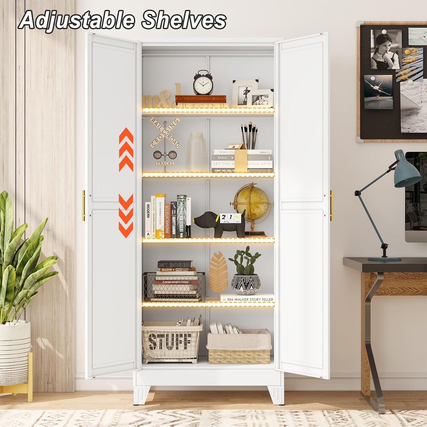 Metal Pantry Cabinet with 2 Doors and Adjustable Shelves - 71" Kitchen Storage Cabinet with Gold