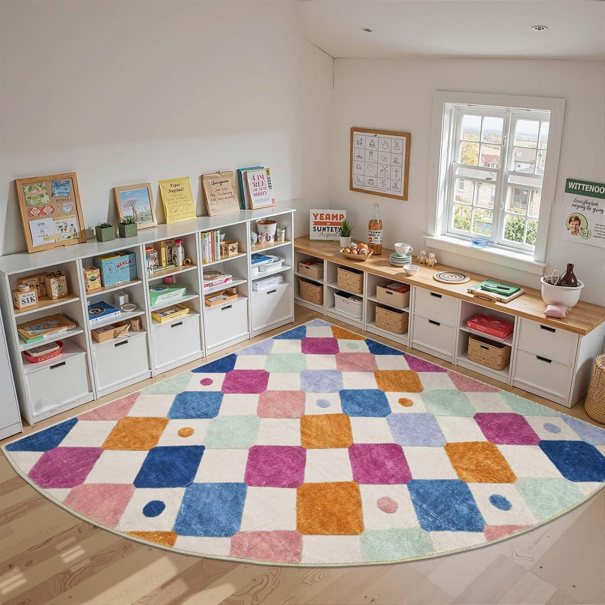 jinchan Kids Rug for Classroom 8ft Radius Corner Washable Area Rug Modern Colorful Quarter Circle