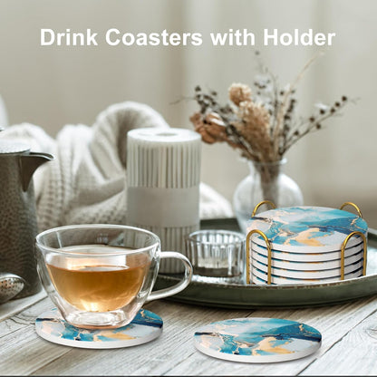 6 Pcs Light Blue Marble Abstract Ceramic Coasters with Holder Best Round Drink Absorbent Coasters