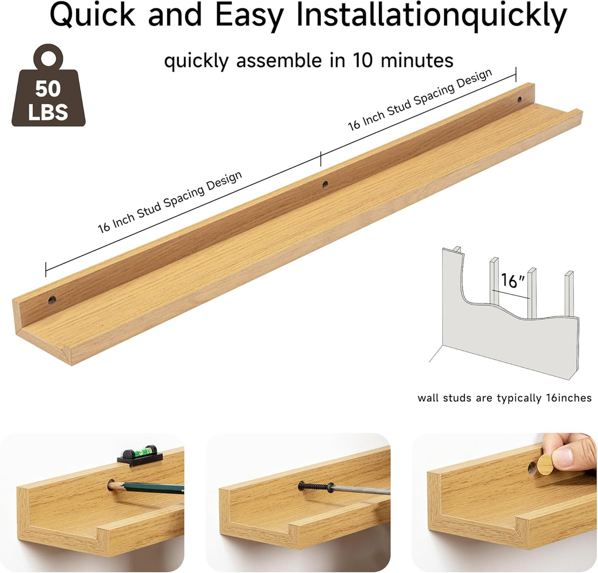 Fun Memories Picture Ledge Shelf, 36 Inch Floating Shelves Set of 2, Nursery Book Shelves for Toys