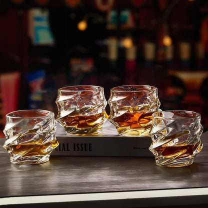 12 oz Hand Blown Crystal Whiskey Glasses Set of 4, Unique Cognac Glass, Heavy Thick Bottom Bar