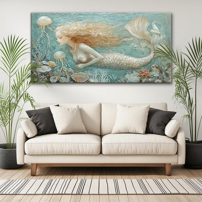 LASMOND Ocean Mermaid Wall Art for Girls Room Modern Canvas Prints Marine Organism Underwater World