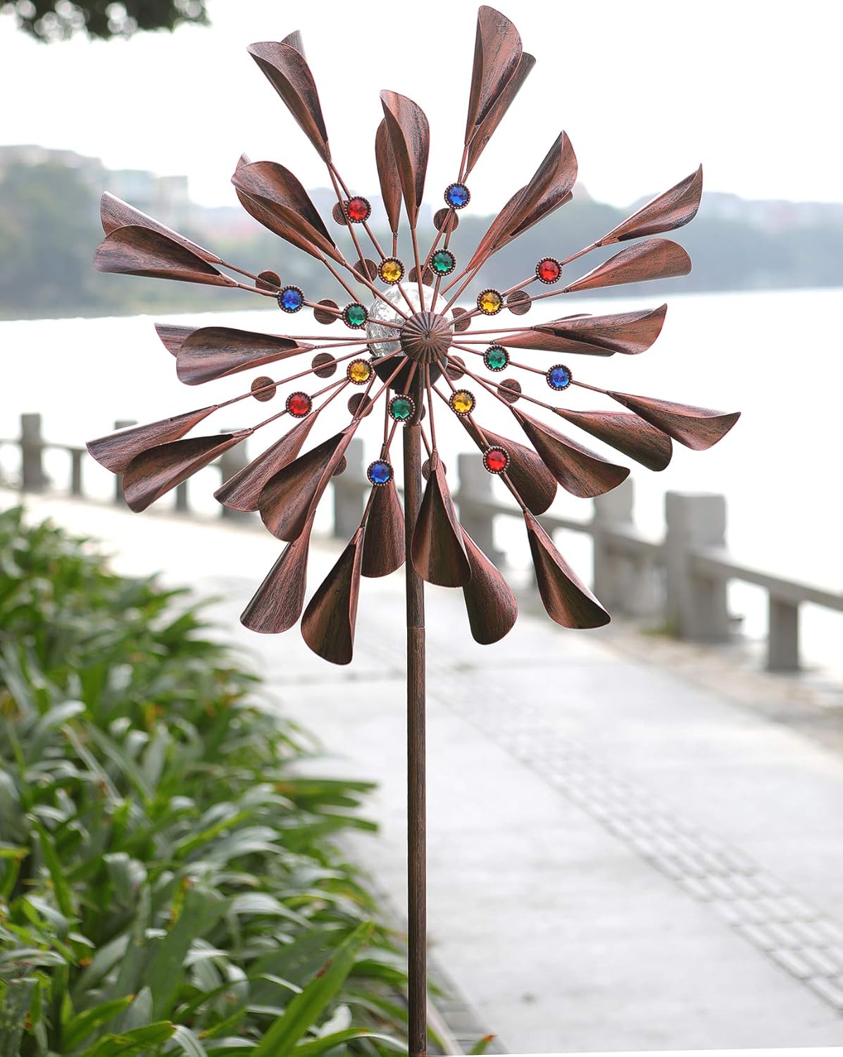 Large 79In Copper Kinetic Wind Spinner Multi-Color Seasonal LED Lighting Solar Powered Glass Ball
