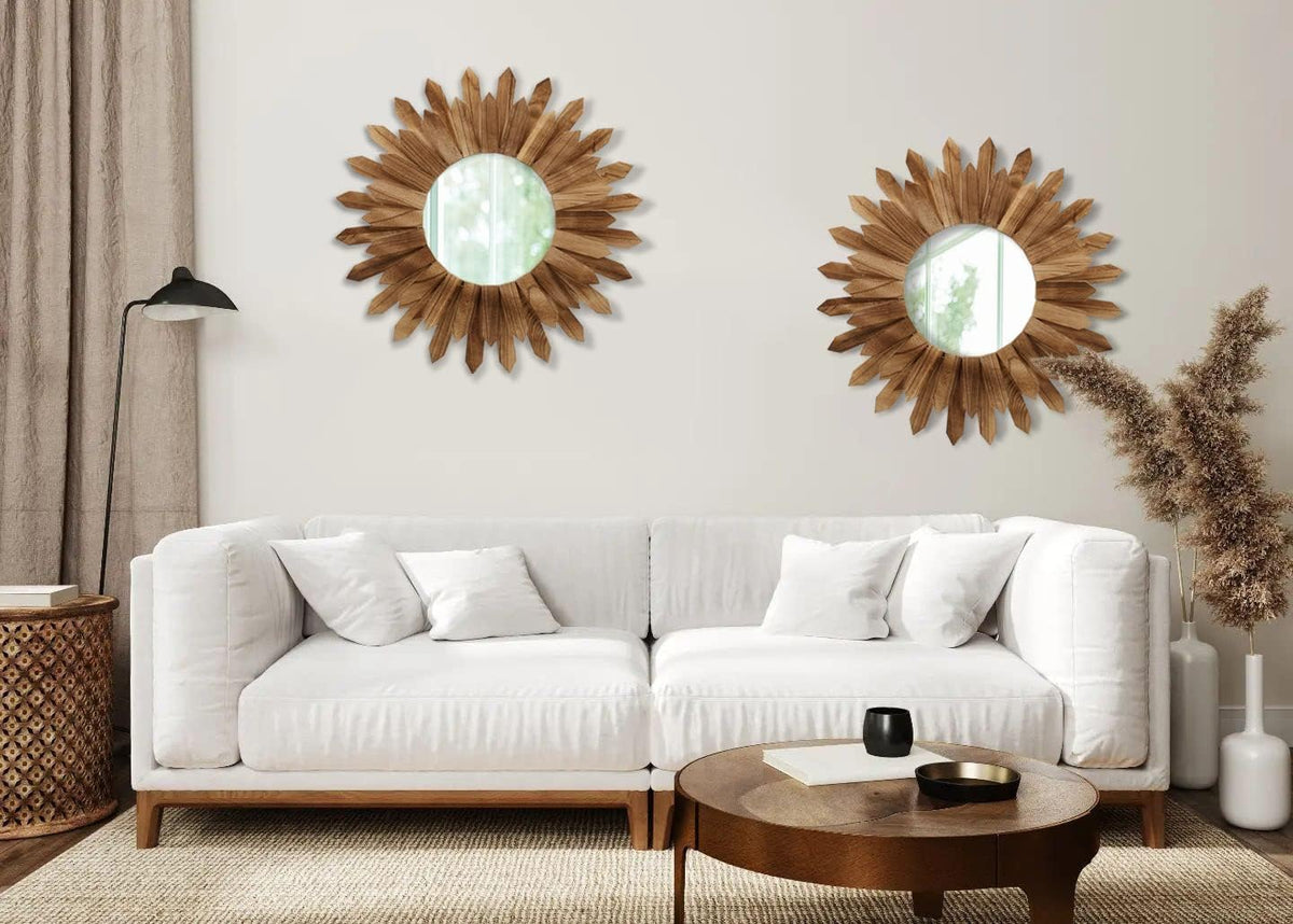 LOSOUR 2 Pack 22 Inch Boho Wall Sunburst Mirror Rustic Round Wood Decorative Mirror Boho Wall Art