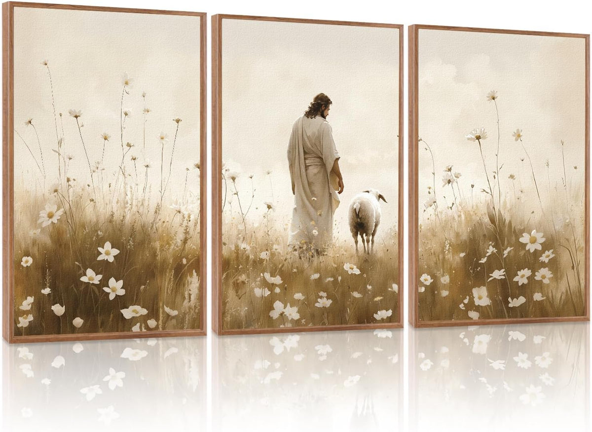 KAIRNE Jesus Framed Canvas Wall Art,Lost Sheep Wall Decor Set of 3(16”X24”),Holy Christian Art