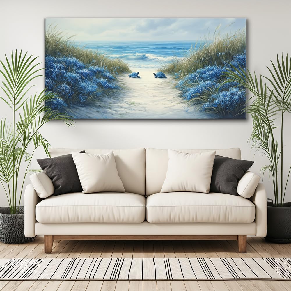 LASMOND Romantic Beach Wall Art for Living Room Blue Sea Turtle Lovers Canvas Painting Prints Ocean