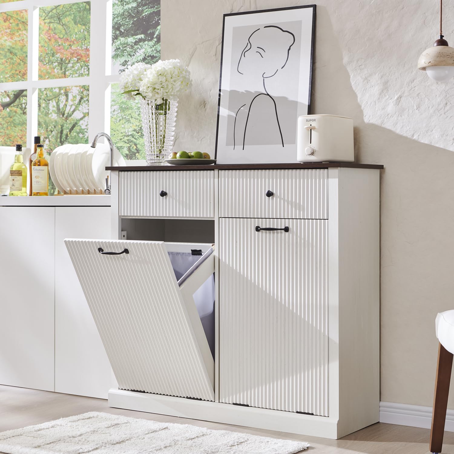 Modern Double Tilt-Out Trash Cabinet, 20 Gallon Fluted Laundry Hamper Cabinet w/2 Drawers, Wooden
