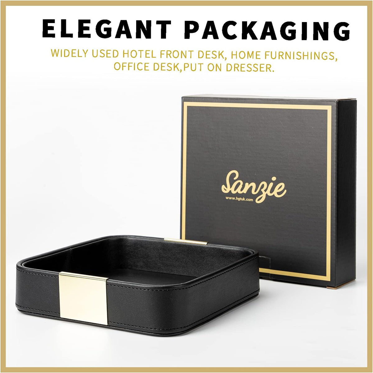 SANZIE Luxury Leather Desktop Storage Small Catchall Organizer Decorative Tray for Entryway Table
