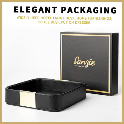SANZIE Luxury Leather Desktop Storage Small Catchall Organizer Decorative Tray for Entryway Table