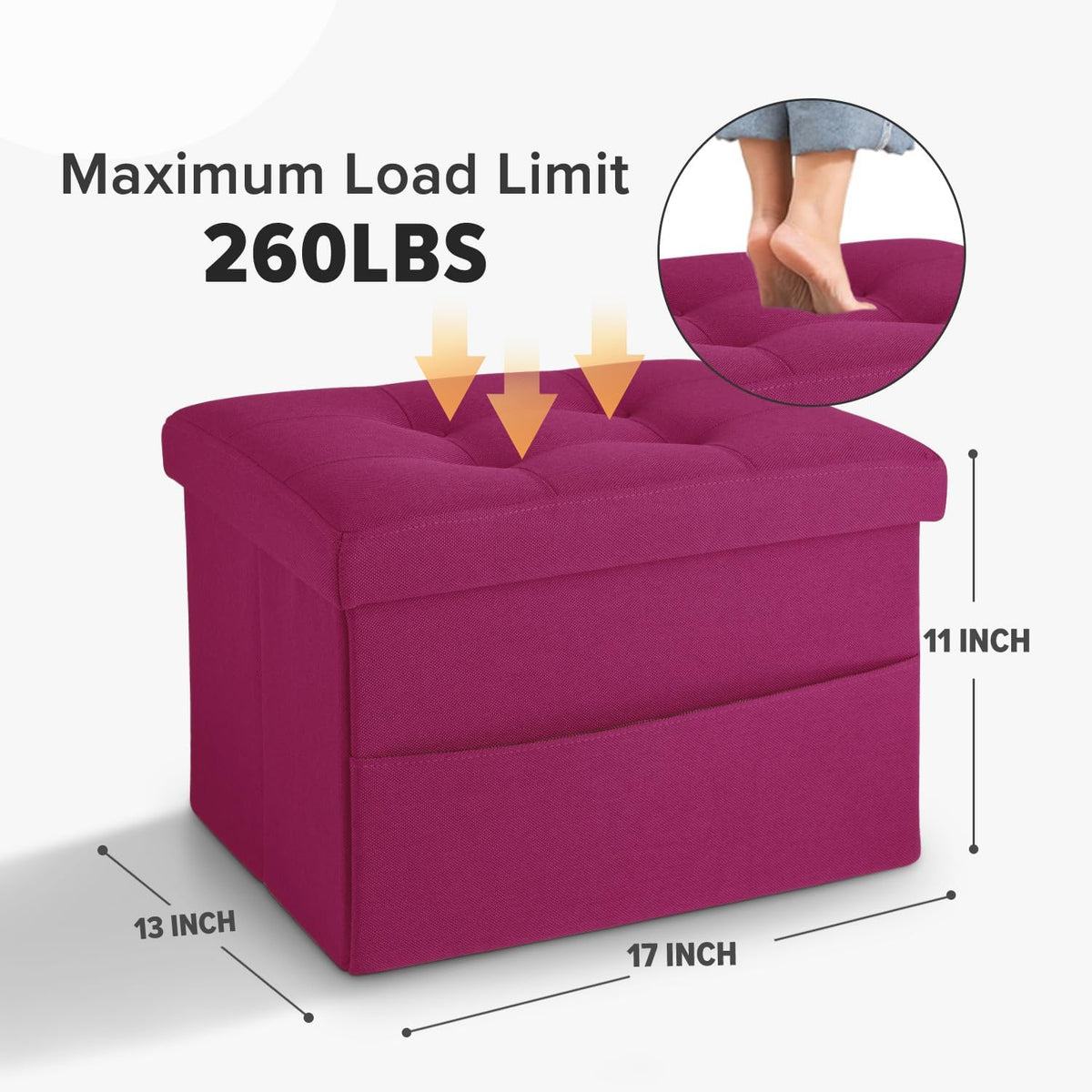 LINMAGCO Storage Ottoman Folding Foot Stool Foot Rest with Side Pocket Modern Ottoman with Storage