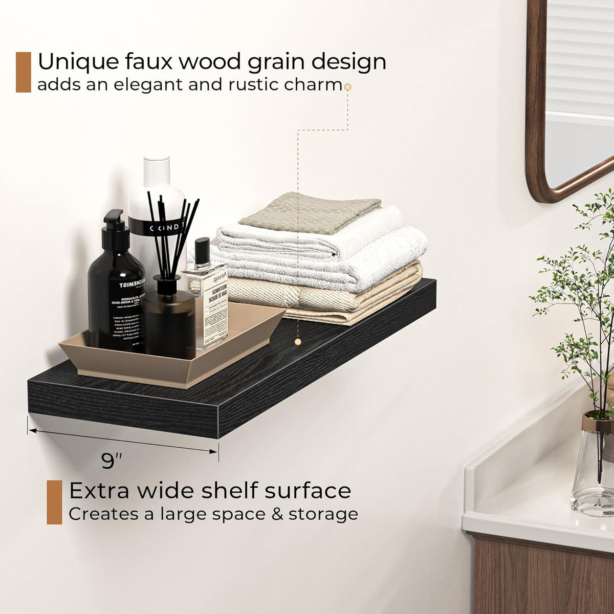 Floating Shelves - 2 Pack 9 Inch Rustic Wooden Wall Shelves - Extra Deeper & Thicker Wall Mounted