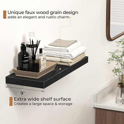 Floating Shelves - 2 Pack 9 Inch Rustic Wooden Wall Shelves - Extra Deeper & Thicker Wall Mounted