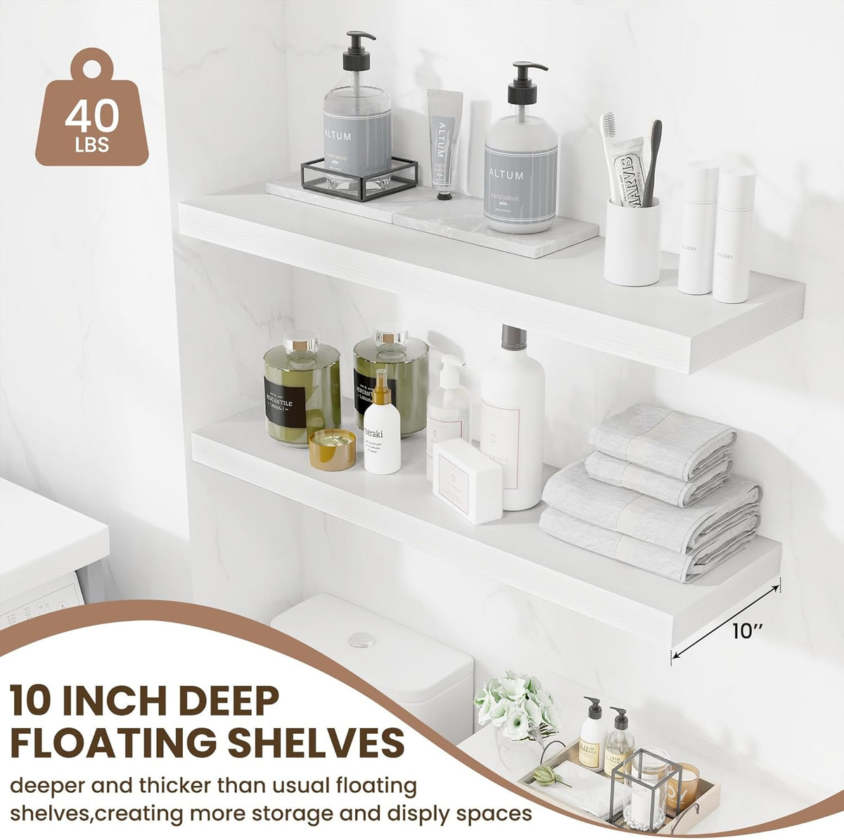 Floating Shelves Set of 2, 36 Inch Long Wooden Wall Shelves, 10 Inch Deep Wall Mounted Storage