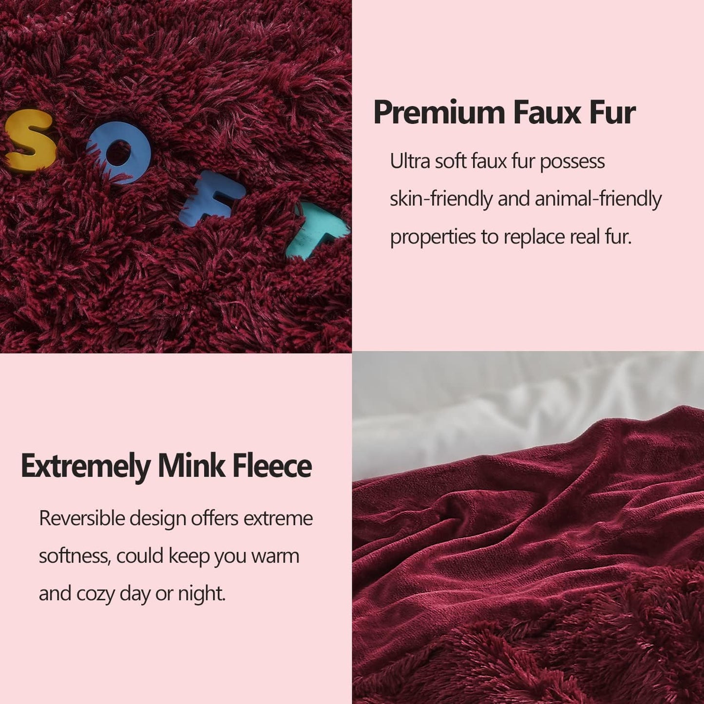 GONAAP Fuzzy Faux Fur Throw Blanket Twin Size Wine Red Super Soft Cozy Plush Fuzzy Shaggy Blanket