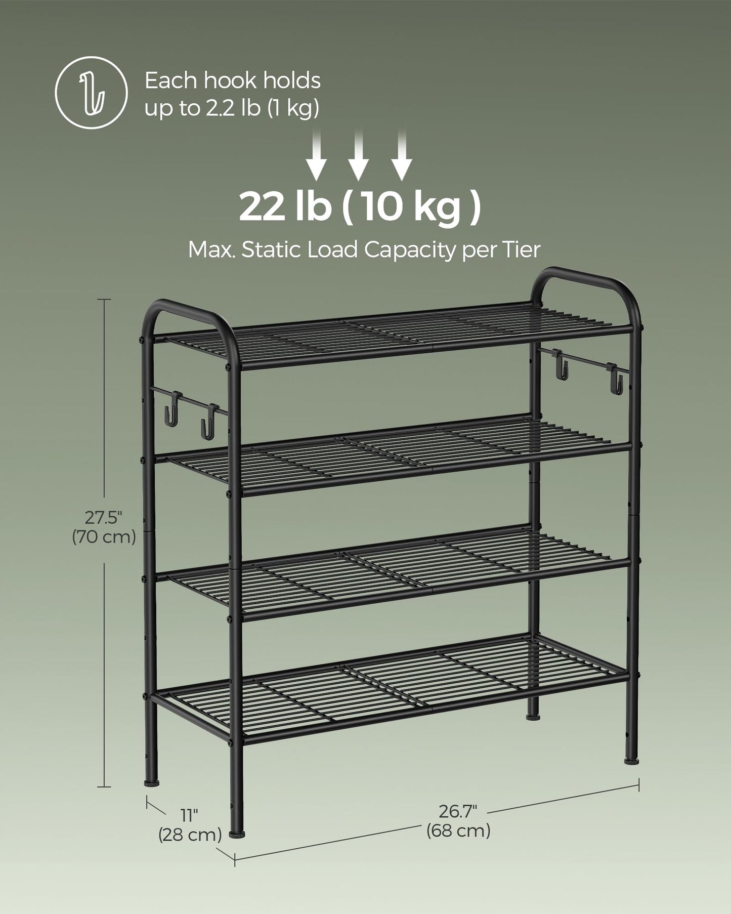 SONGMICS Shoe Rack, 4-Tier Shoe Organizer, Metal Shoe Shelf Storage with 4 Side Hooks, Holds 15