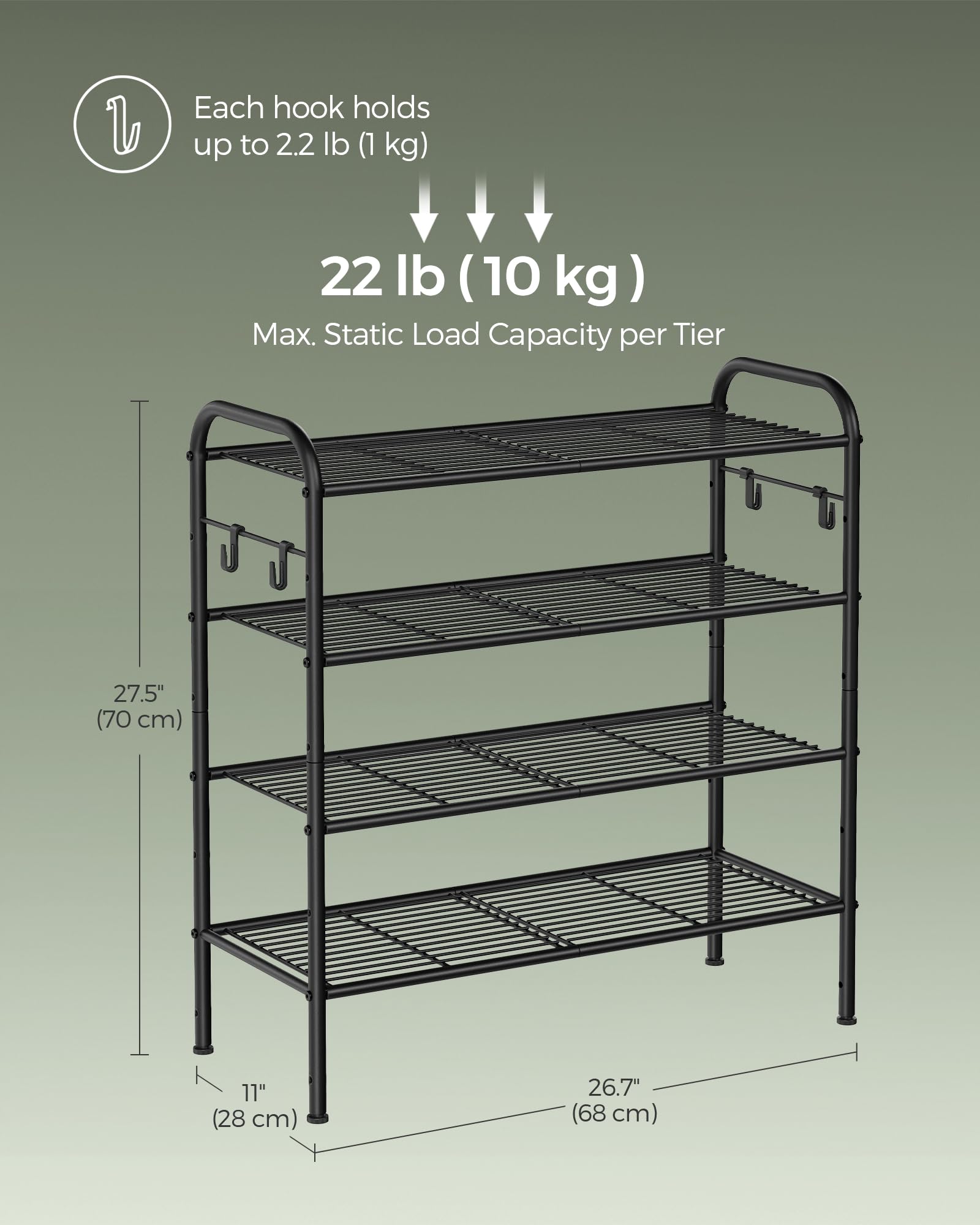 SONGMICS Shoe Rack, 4-Tier Shoe Organizer, Metal Shoe Shelf Storage with 4 Side Hooks, Holds 15
