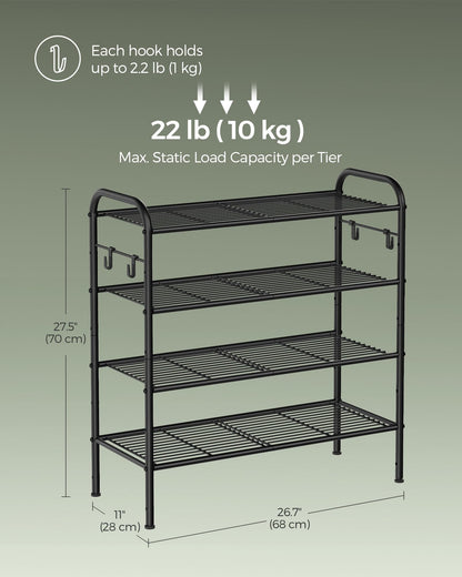 SONGMICS Shoe Rack, 4-Tier Shoe Organizer, Metal Shoe Shelf Storage with 4 Side Hooks, Holds 15
