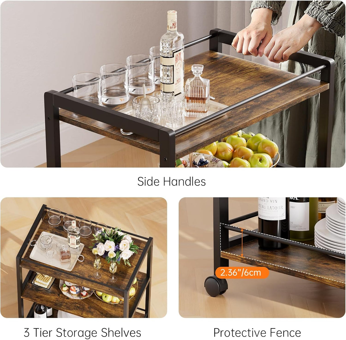 HITNET Bar Cart for The Home, Home Bar Serving Cart with Wheels and Storage Shelves, 3 Tier Rolling