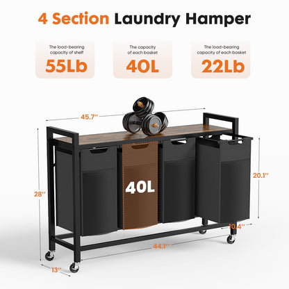 DUMOS Laundry Sorter 4 Section, 4 x 10.6Gal (160L) Rolling Laundry Basket