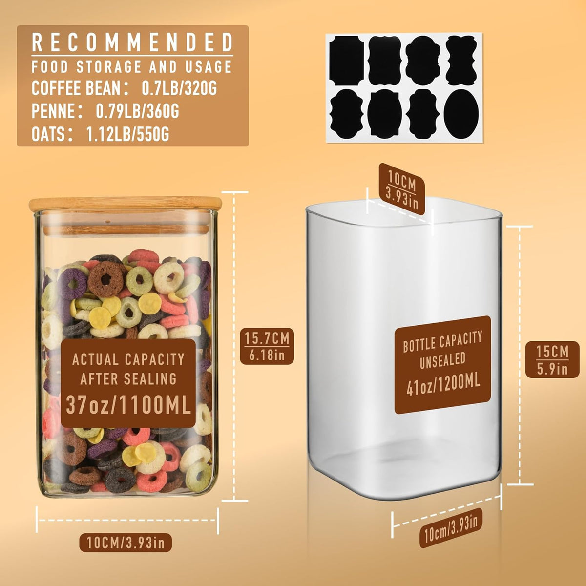 41oz Airtight Glass Square Storage Canister with Bamboo Lid Set of 4 (1200ml) Container Stackable