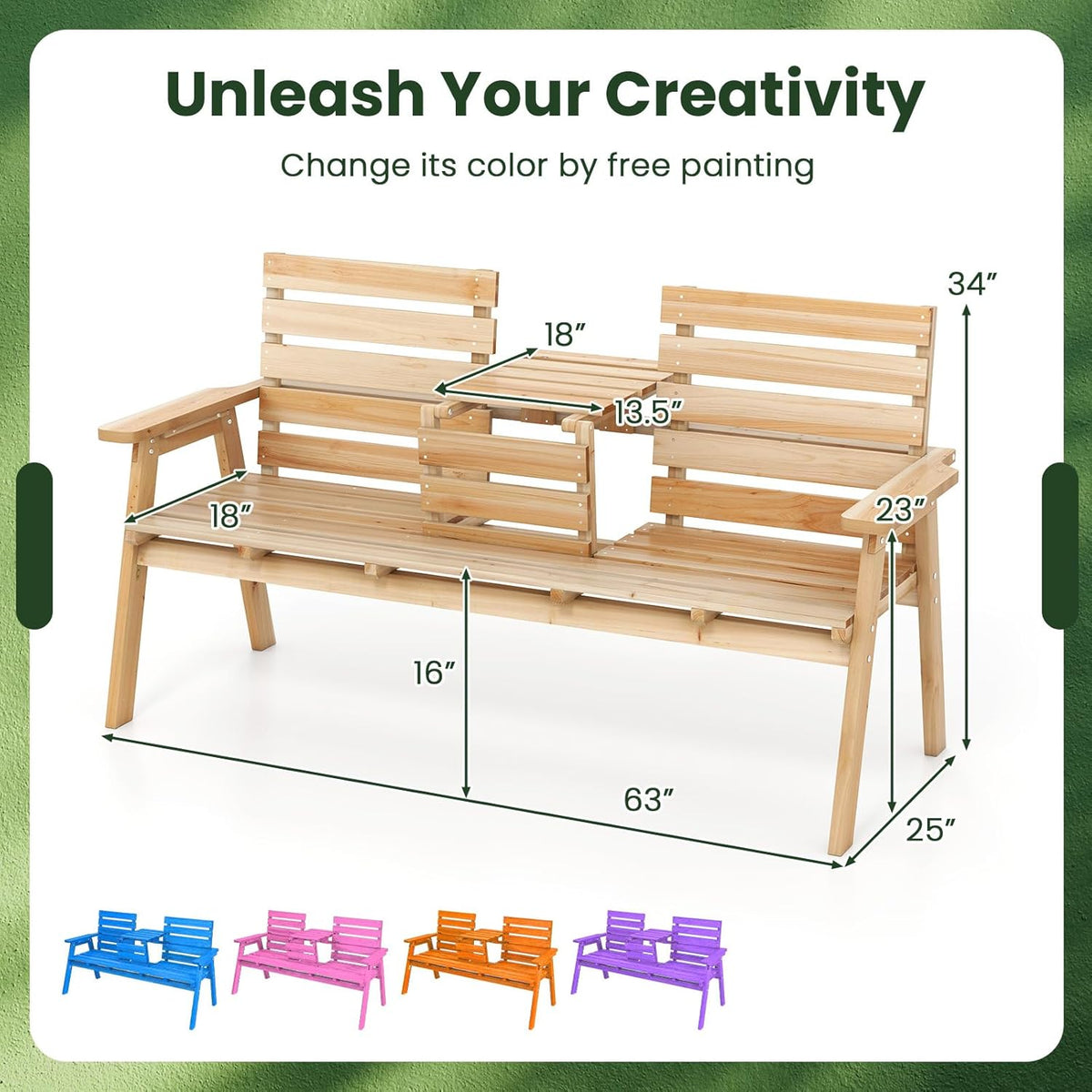 Tangkula Outdoor Fir Wood Bench with Foldable Middle Table, 2-3 Person Garden Bench with Backrest