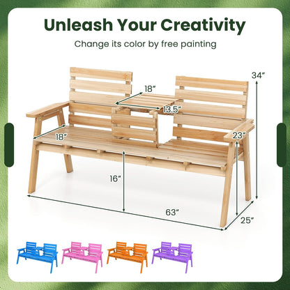 Tangkula Outdoor Fir Wood Bench with Foldable Middle Table, 2-3 Person Garden Bench with Backrest