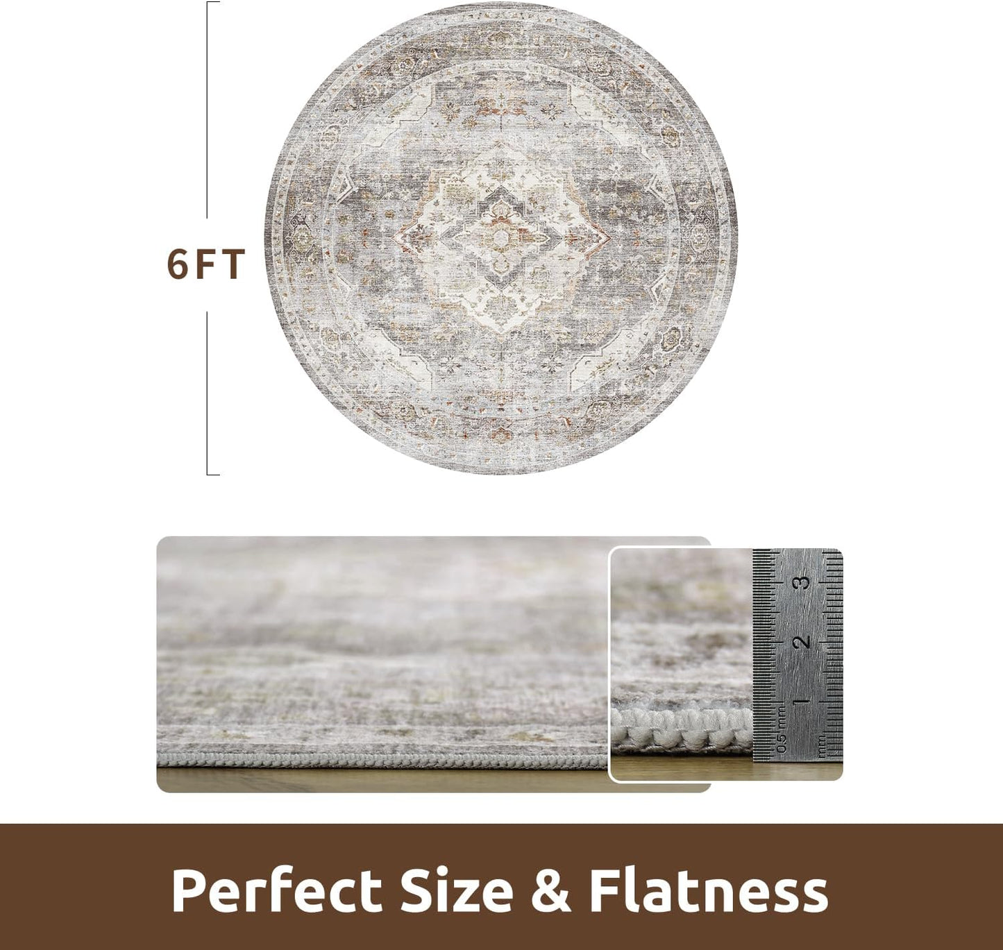 AMOAMI-6FT Round Rug-Rugs for Living Room-Vintage Soft Grey Rugs for Bedroom-Non Slip Circle