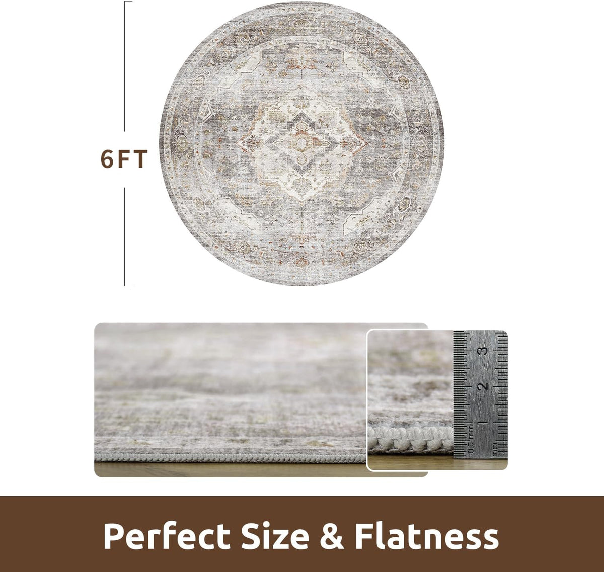 AMOAMI-6FT Round Rug-Rugs for Living Room-Vintage Soft Grey Rugs for Bedroom-Non Slip Circle