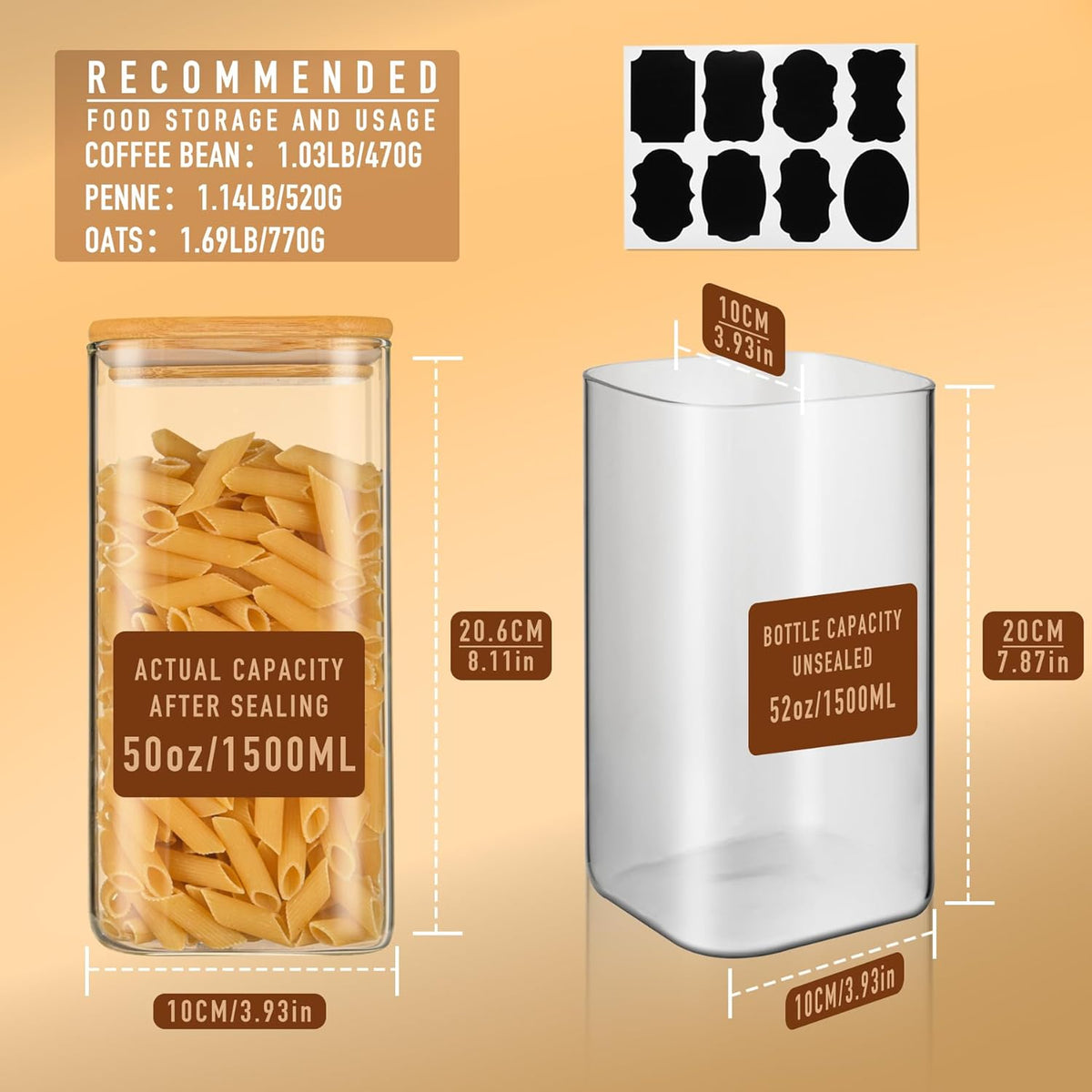 52oz Airtight Glass Square Storage Canister with Bamboo Lid Set of 3 (1550ml) Container Stackable