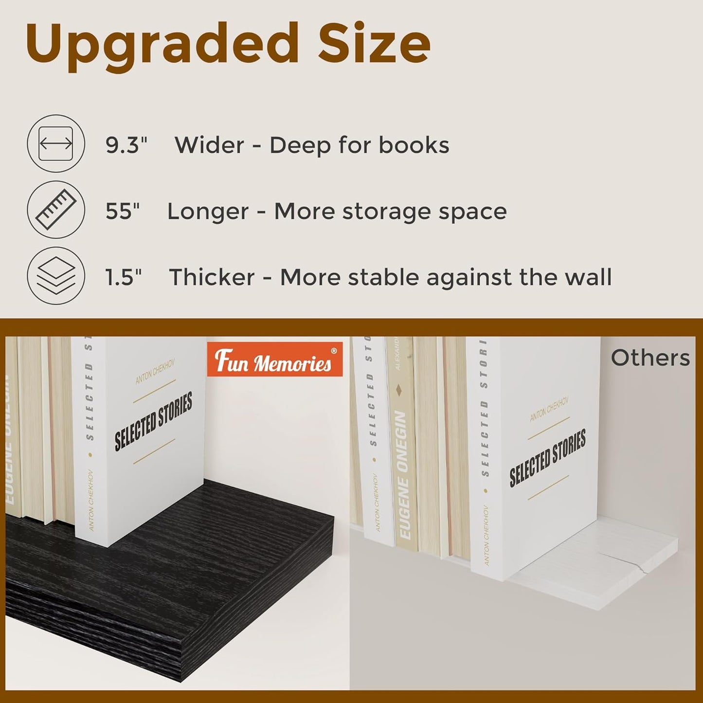 55 Inch Floating Shelves Black, Rustic Wood Floating Shelf Wall Mounted, 9 Inch Deep Floating Shelf