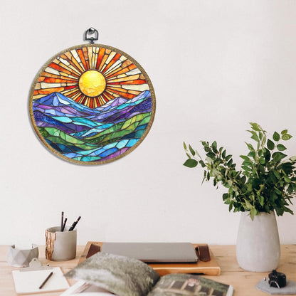 Colorful Mountain Sunset Bohemian Style Rainbow Sunrise Art Gift Framed Round Wall Decor Canvas