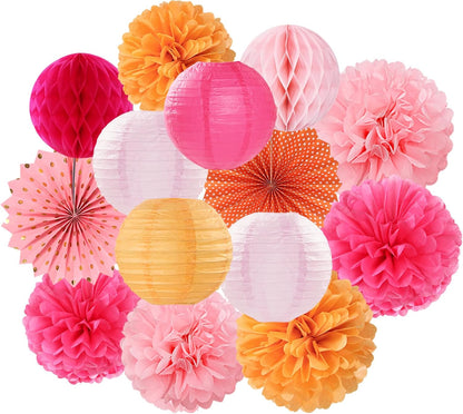 Hot-Pink Burnt-Orange Party-Decorations Streamers Lanterns - 14pcs Fall Birthday Baby Shower Paper