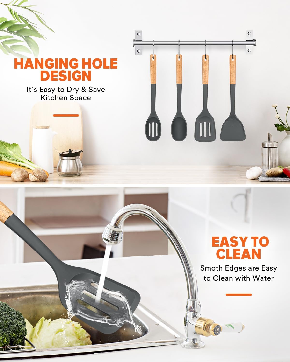 Silicone Cooking Utensils Set, Perfectly Angled for Frying, Mixing,Serving,Draining,Turning and