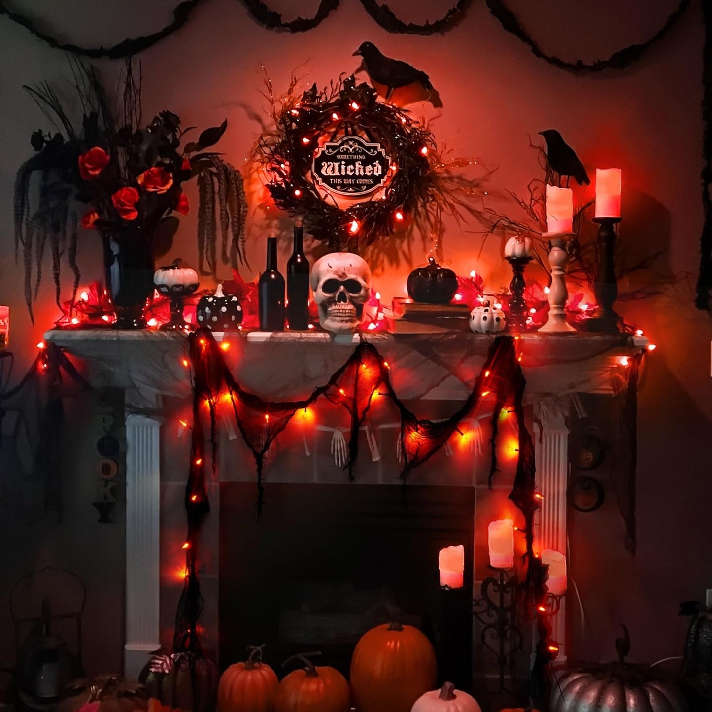 Halloween Horror Atmosphere Lights, Orange&Purple LED String Lights with 9.9FT Creepy Black Gauze