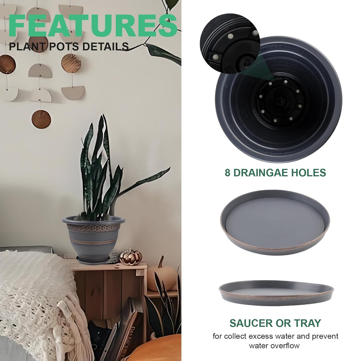 6 Pack 8 Inch Plant Pots, Plastic Flower Pot for Indoor & Outdoor with Drainage Holes & Saucer