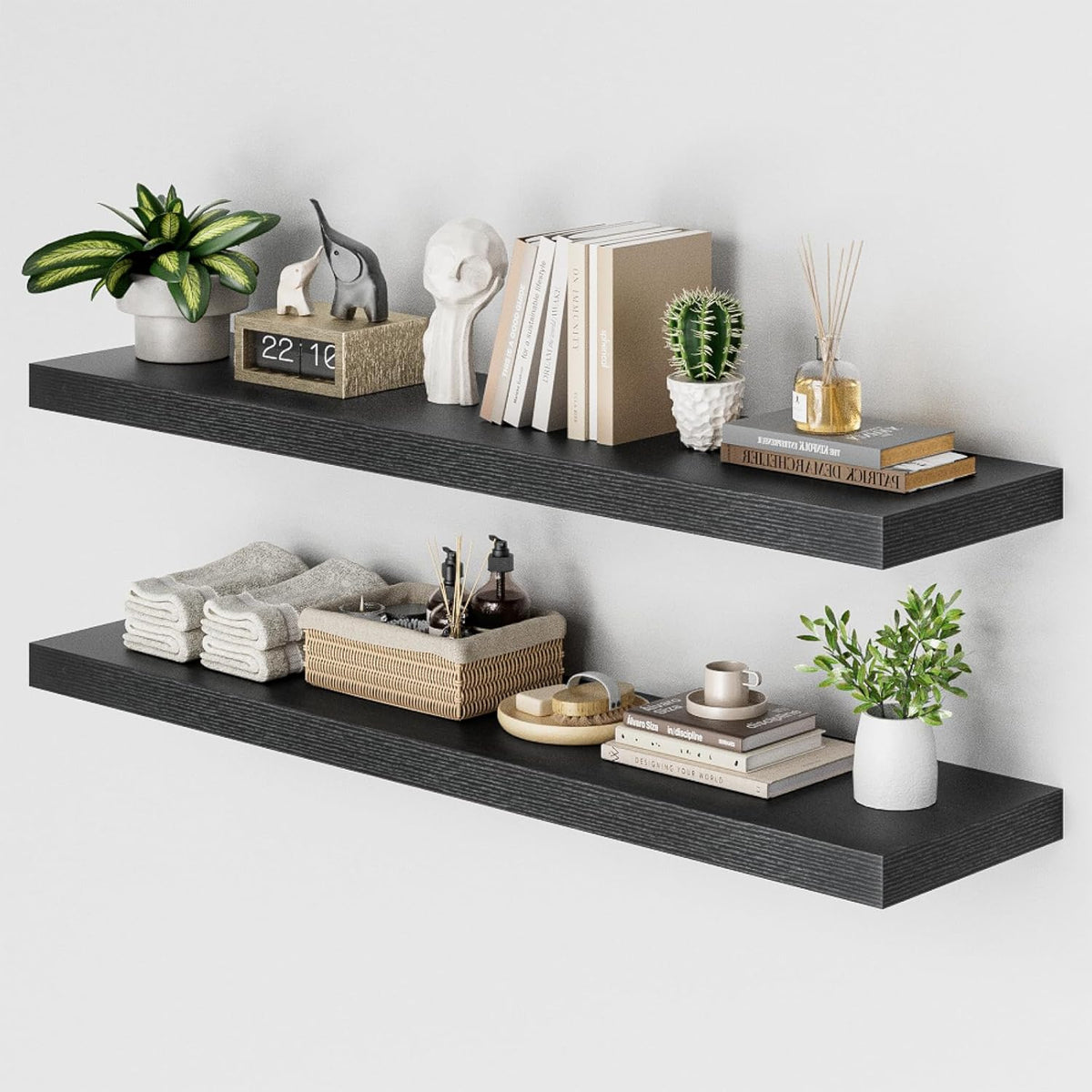 Heimlove 48W x 12D Long Floating Shelf, 12 Inch Deep Black Floating Shelves for Wall Set of 2, Wood