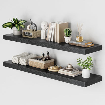 Heimlove 48W x 12D Long Floating Shelf, 12 Inch Deep Black Floating Shelves for Wall Set of 2, Wood
