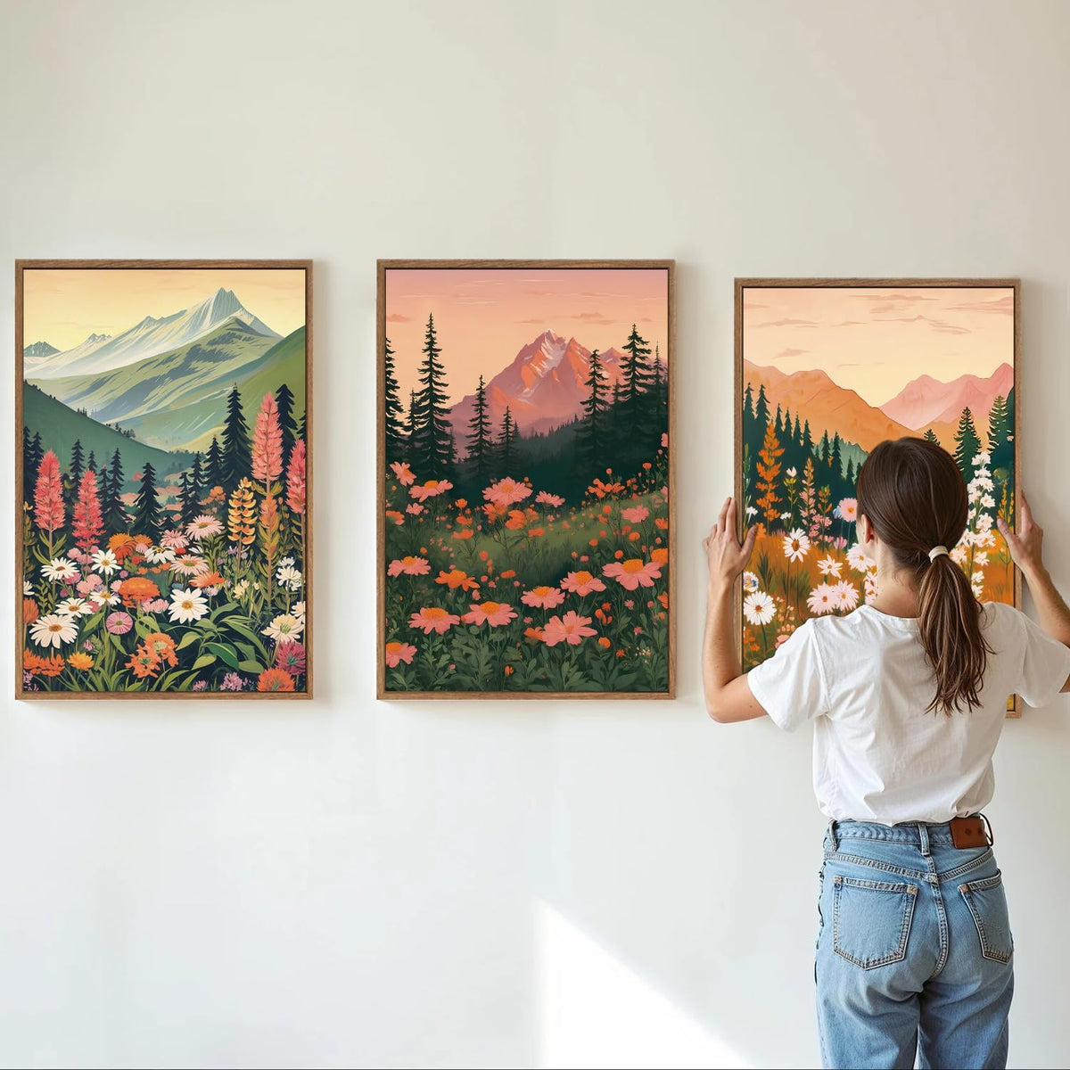 Tinonedraw Mountain Wildflower Framed Canvas Wall Art Set, Boho Mountains Landscape Wall Decor