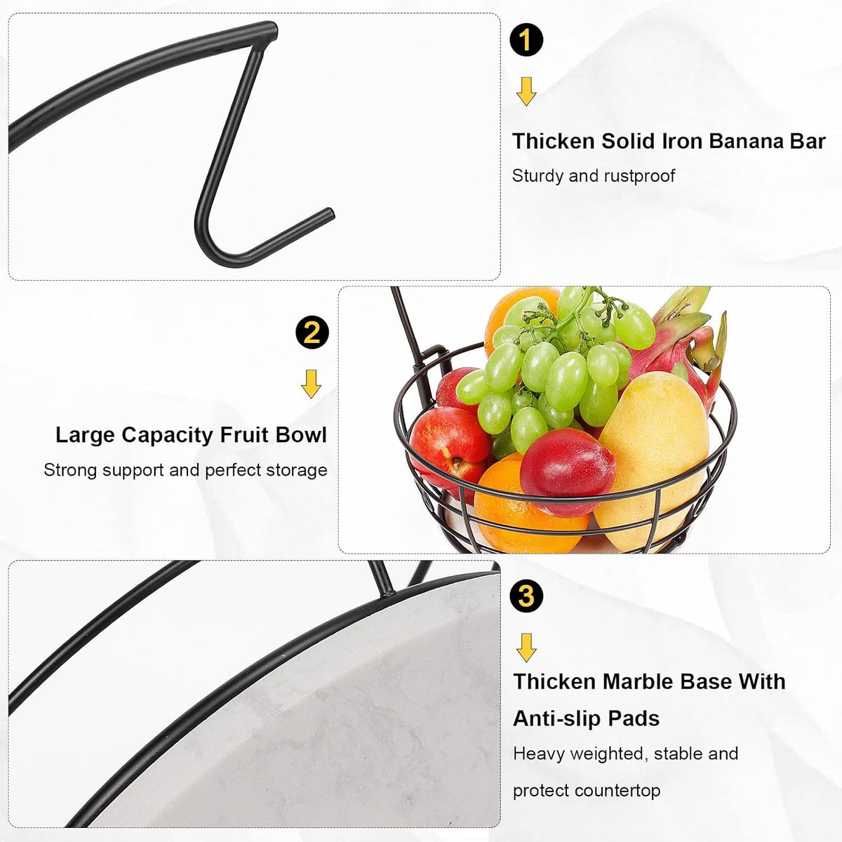 Livabber Countertop Fruit Basket Bowl with Banana Hanger, Modern Standing Fruit Vegetable Bowl