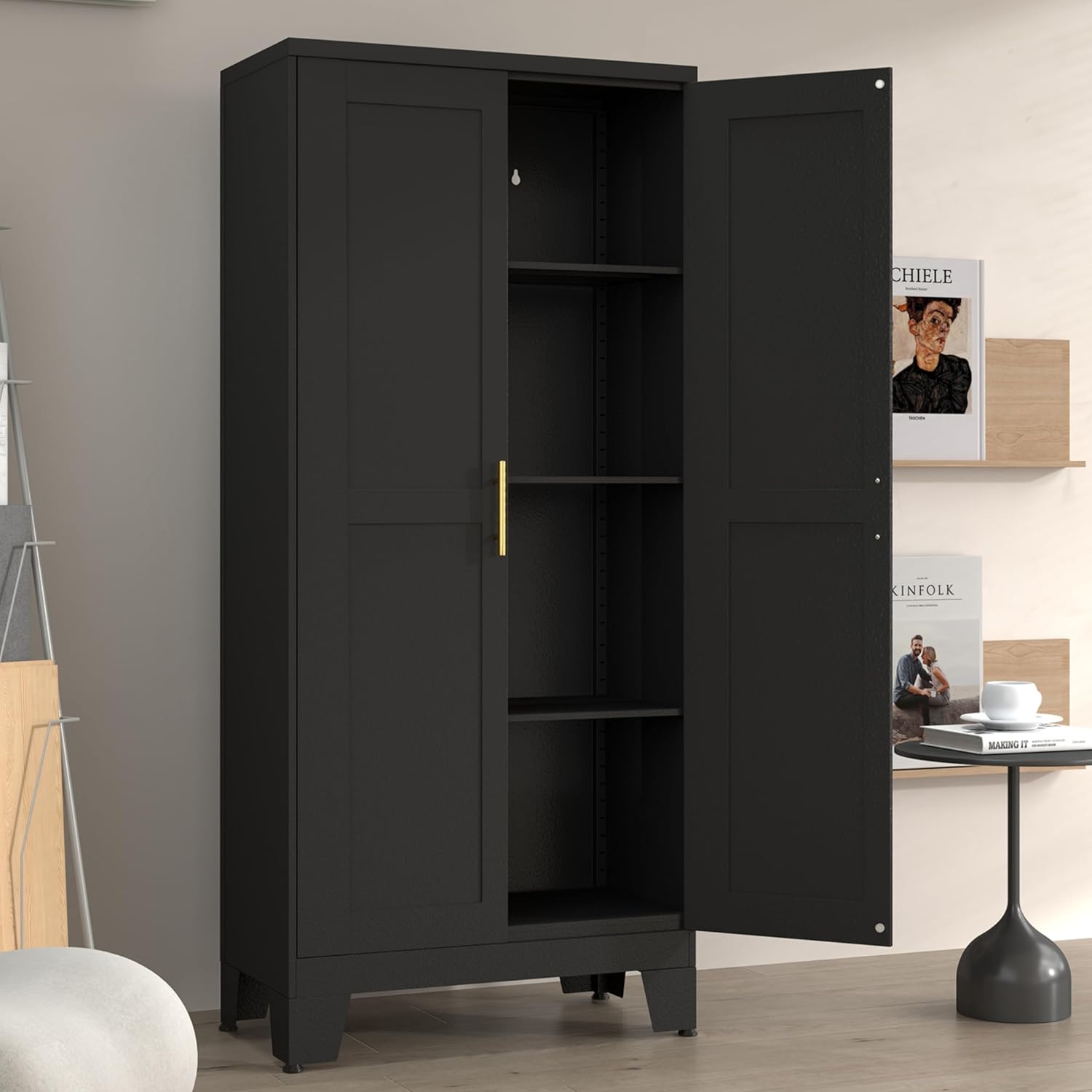 Metal Pantry Cabinet with 2 Doors and Adjustable Shelves, 61"Kitchen Storage Cabinet with Gold