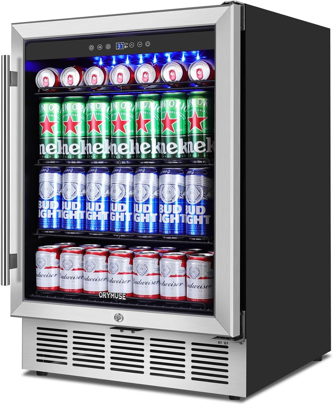 24" Beverage Refrigerator & Cooler, 180 Cans Under Counter Fridge with Lock, Glass Door & Powerful