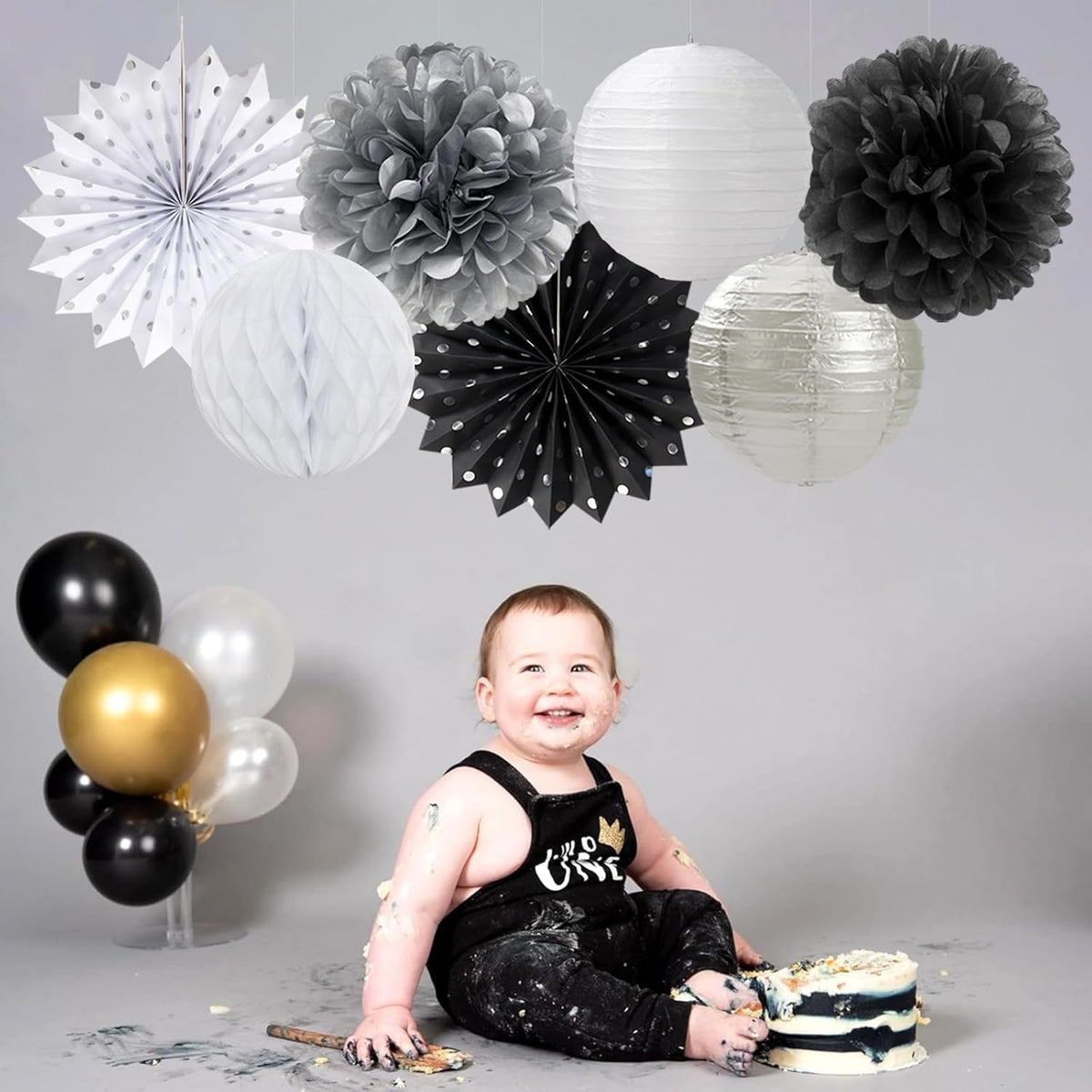 Black-White Silver Party-Decorations Paper-Lanterns - 14pcs New Years Streamers Fan,Tissue Pom